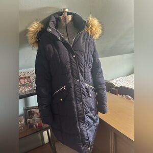 Polu Navy Blue Down Coat with Faux Fur Trim hood